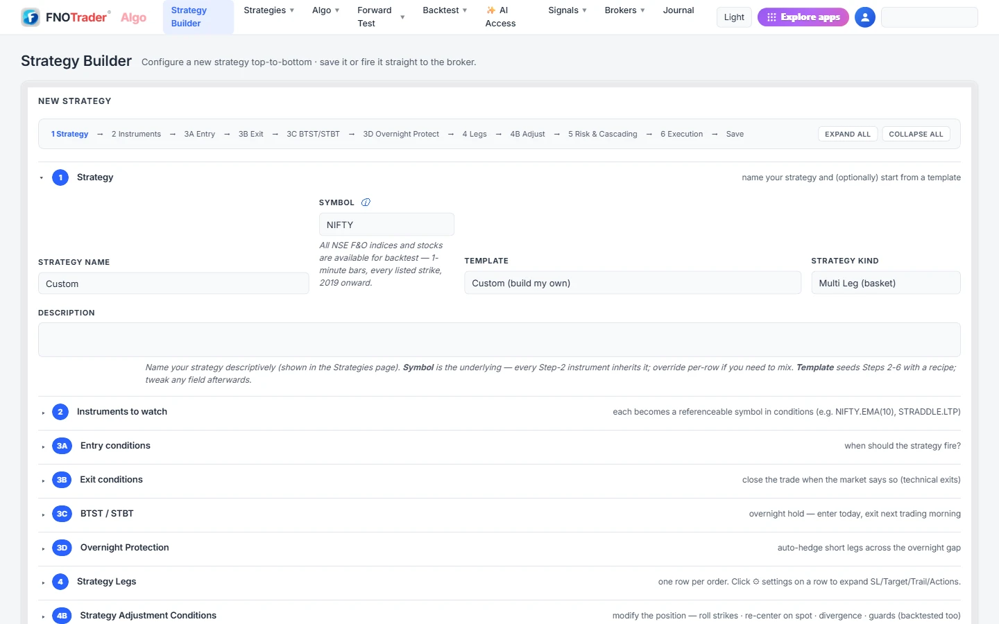 Algo & Backtest: the no-code Strategy Builder, from instruments and entry rules to legs, adjustments and risk