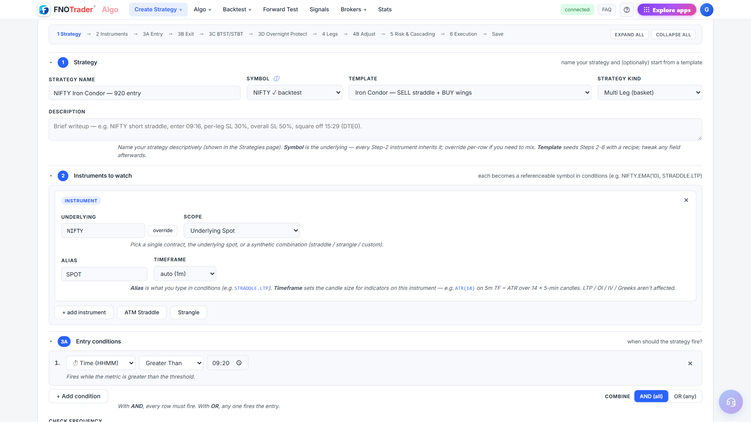 Saved Strategies — Builder recipes you can load, clone, run for a quick test, or deploy on a portfolio with a multiplier