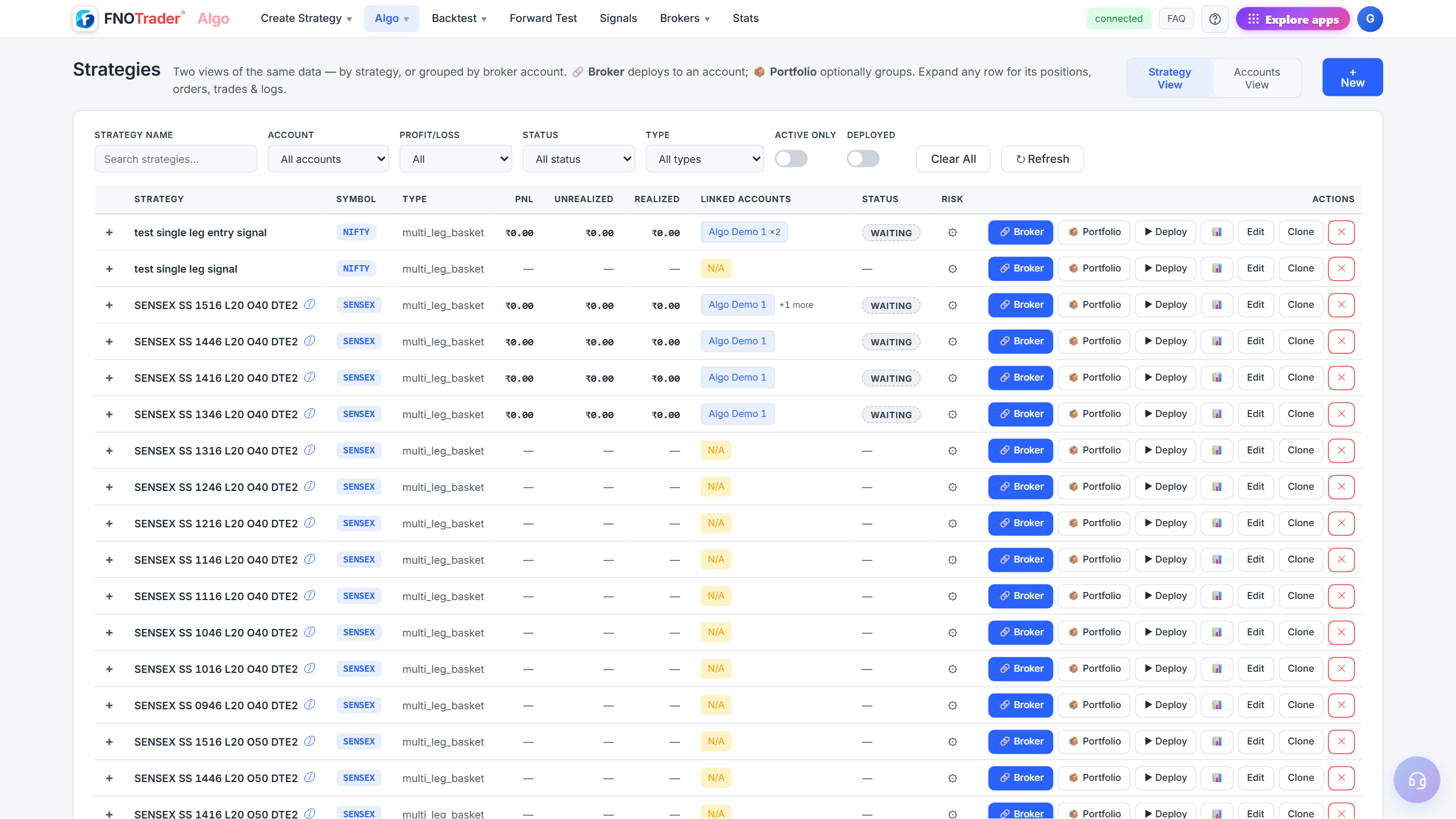 Backtest report — Plain/Costs/Slippage cards, entry & exit conditions, stats (Net P&L, CAGR, win rate, max DD) and an equity-curve + drawdown chart