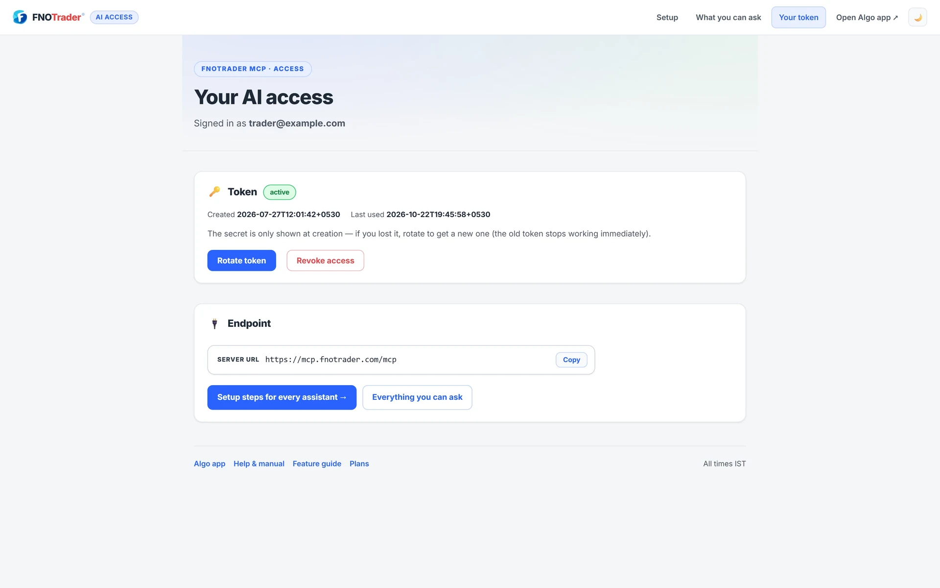 The mcp.fnotrader.com connect page: token status with created and last-used times, Rotate and Revoke buttons, and the endpoint URL.