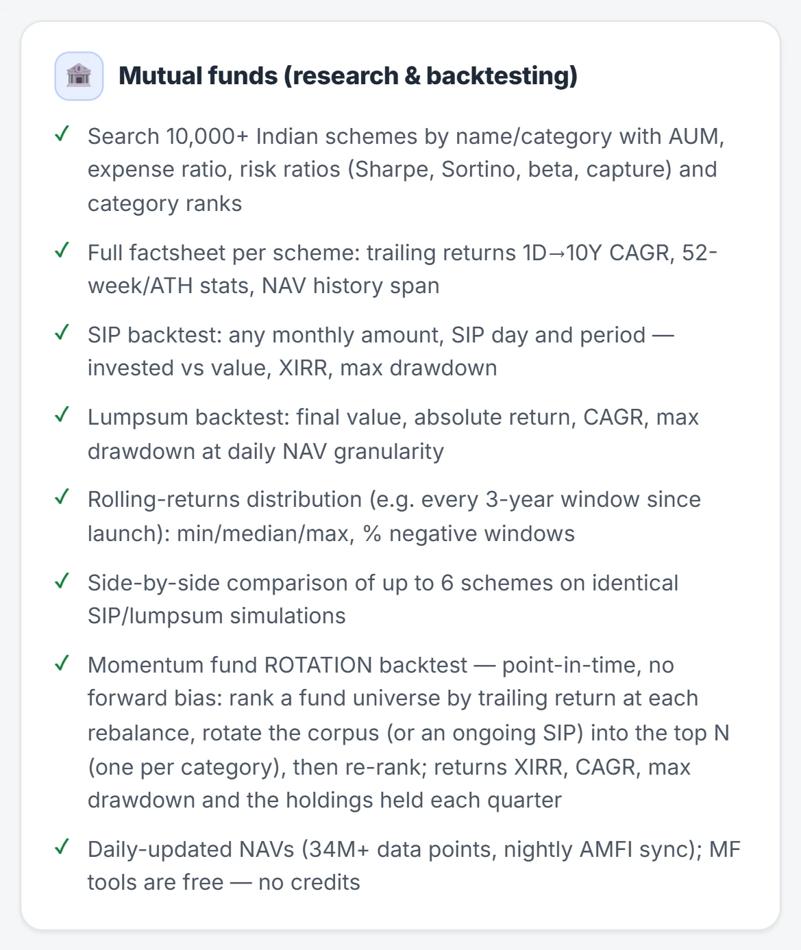 The Mutual funds card from the MCP features page: search, factsheets, SIP and lumpsum backtests, rolling returns and rotation.