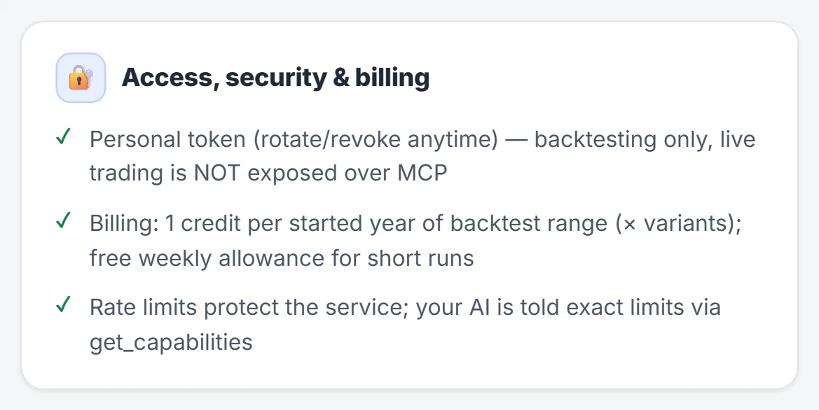 The Access, security and billing card from the MCP features page: token, credit billing and rate limits.