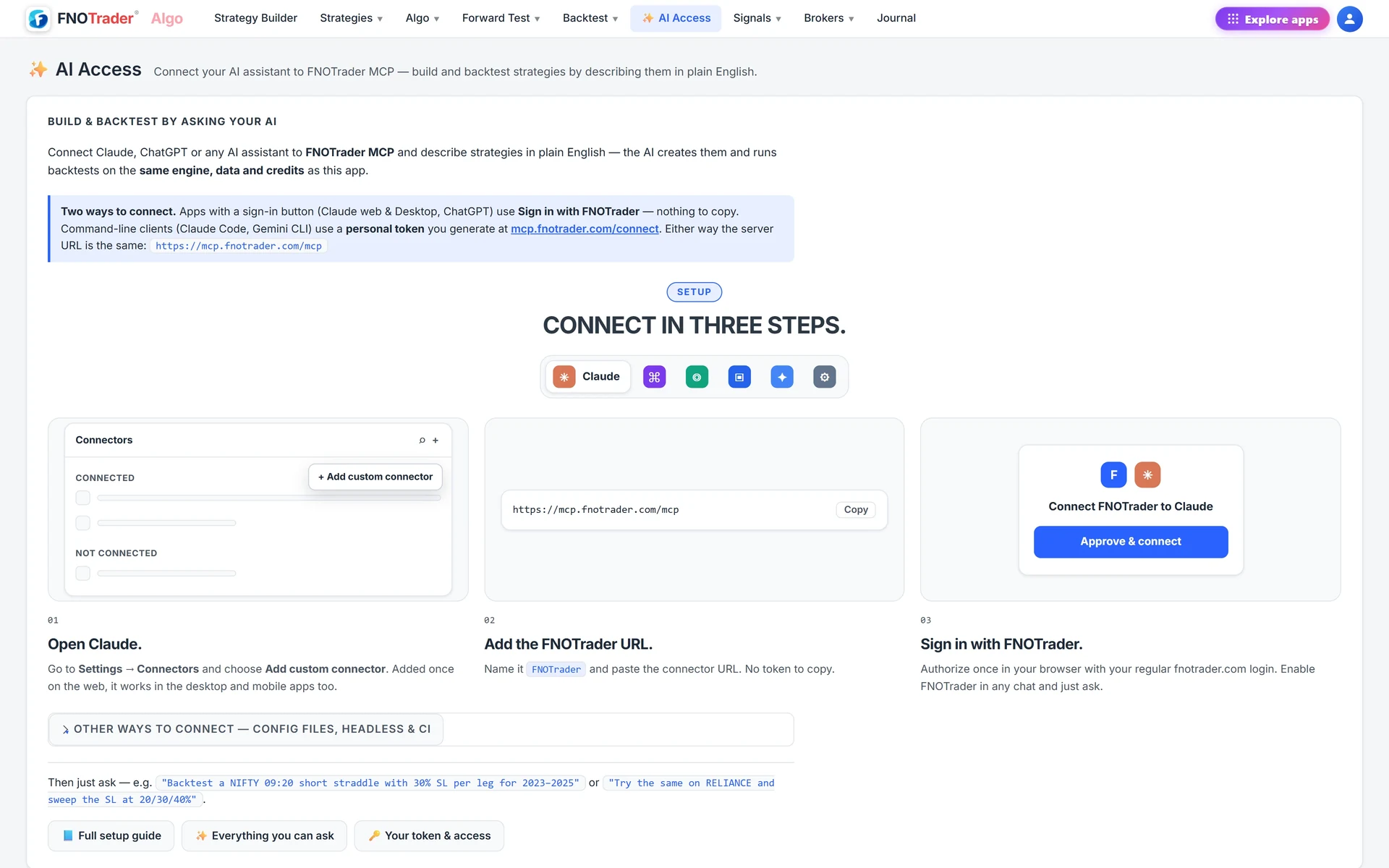 The AI Access page in Algo: the server URL, the two ways to connect and the three setup steps for Claude.