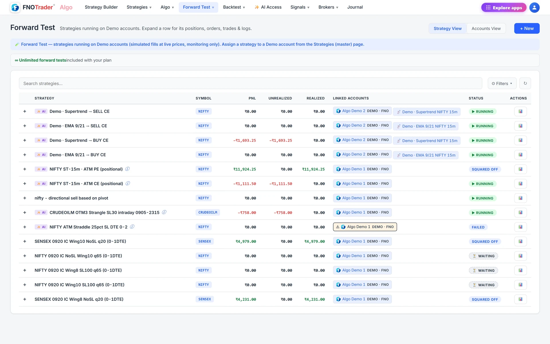 The strategies monitoring list, shown here for Demo accounts: each row has P&L, linked account, run status and an expand control.