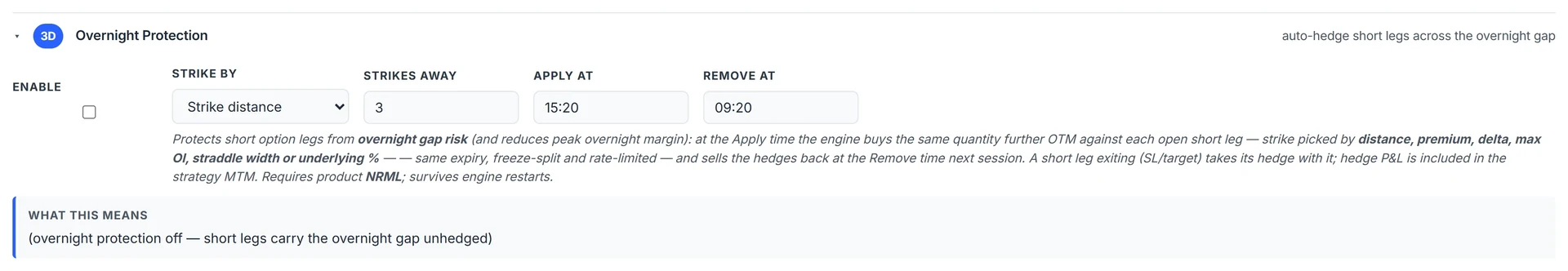 Step 3D Overnight Protection fields: strike rule, strikes away, apply time 15:20 and remove time 09:20, shown switched off.