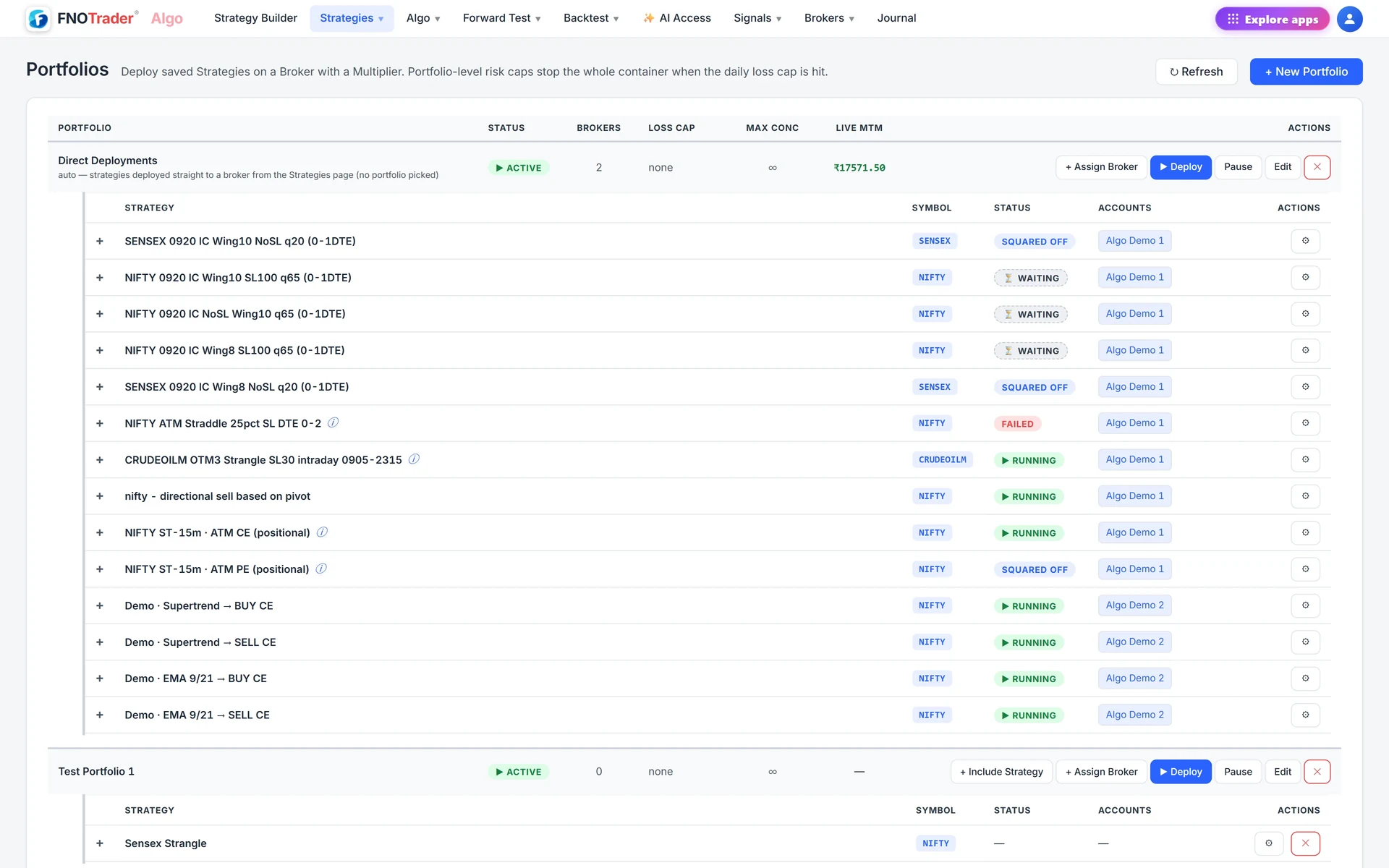 The Portfolios page: each portfolio with status, brokers, loss cap, max concurrent and MTM, and its strategies with account and status.