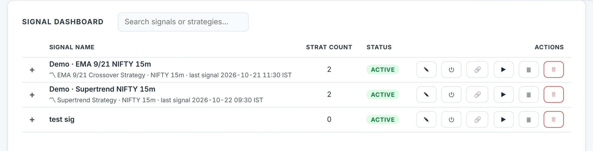 The Signal Dashboard: each signal with its source script, last signal time, strategy count, status and the action buttons.