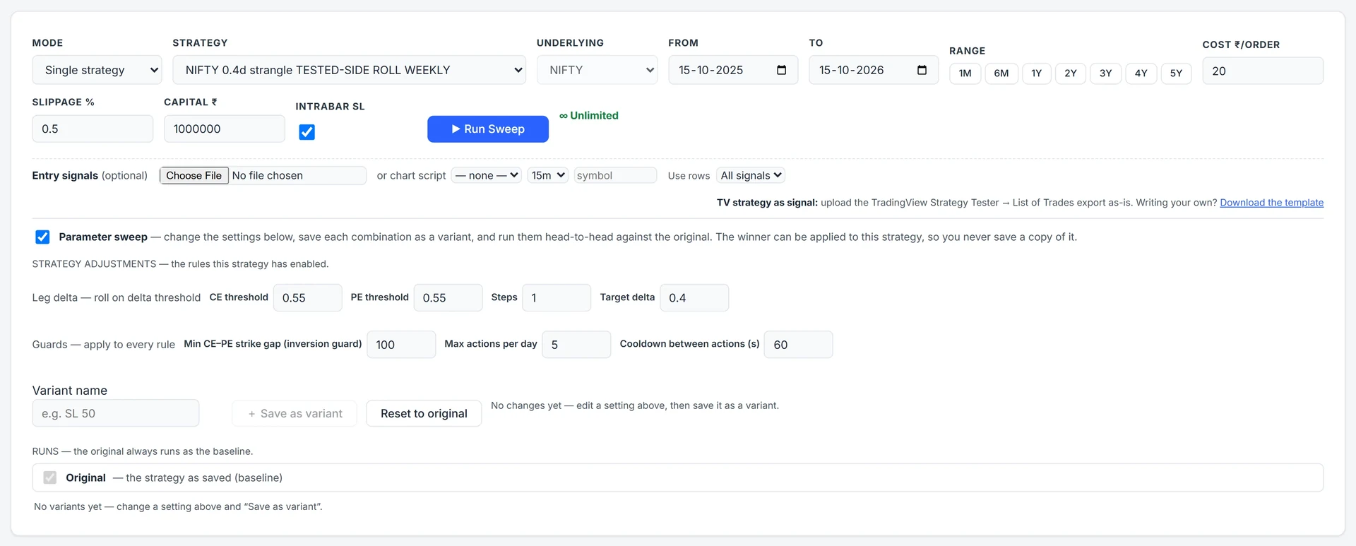 Parameter sweep ticked on the Backtest page: the strategy's adjustment rule and guards as editable fields, with the Original baseline run.