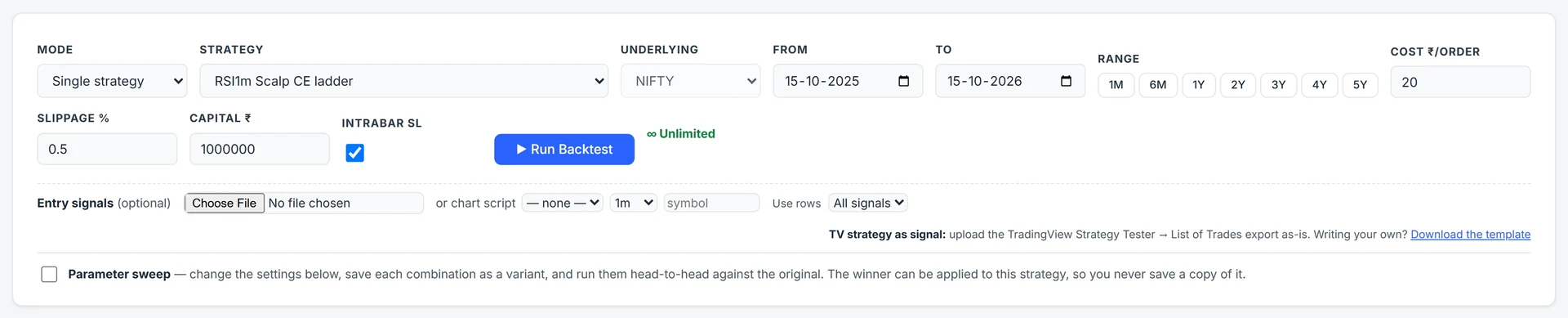 The Backtest form with the Entry signals row: file picker, chart-script picker with timeframe and symbol, the Use rows filter and template link.