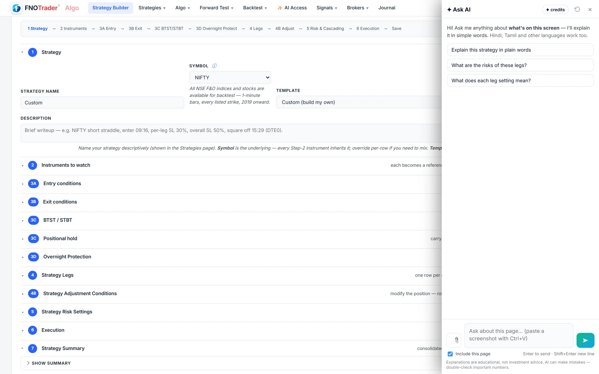 Ask AI open on the Algo Strategy Builder, with suggestions specific to that view.