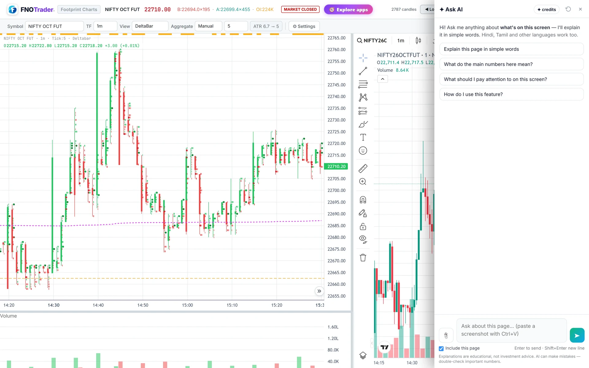 Ask AI open on a NIFTY futures footprint chart. The paperclip and Ctrl+V add a screenshot to the question.