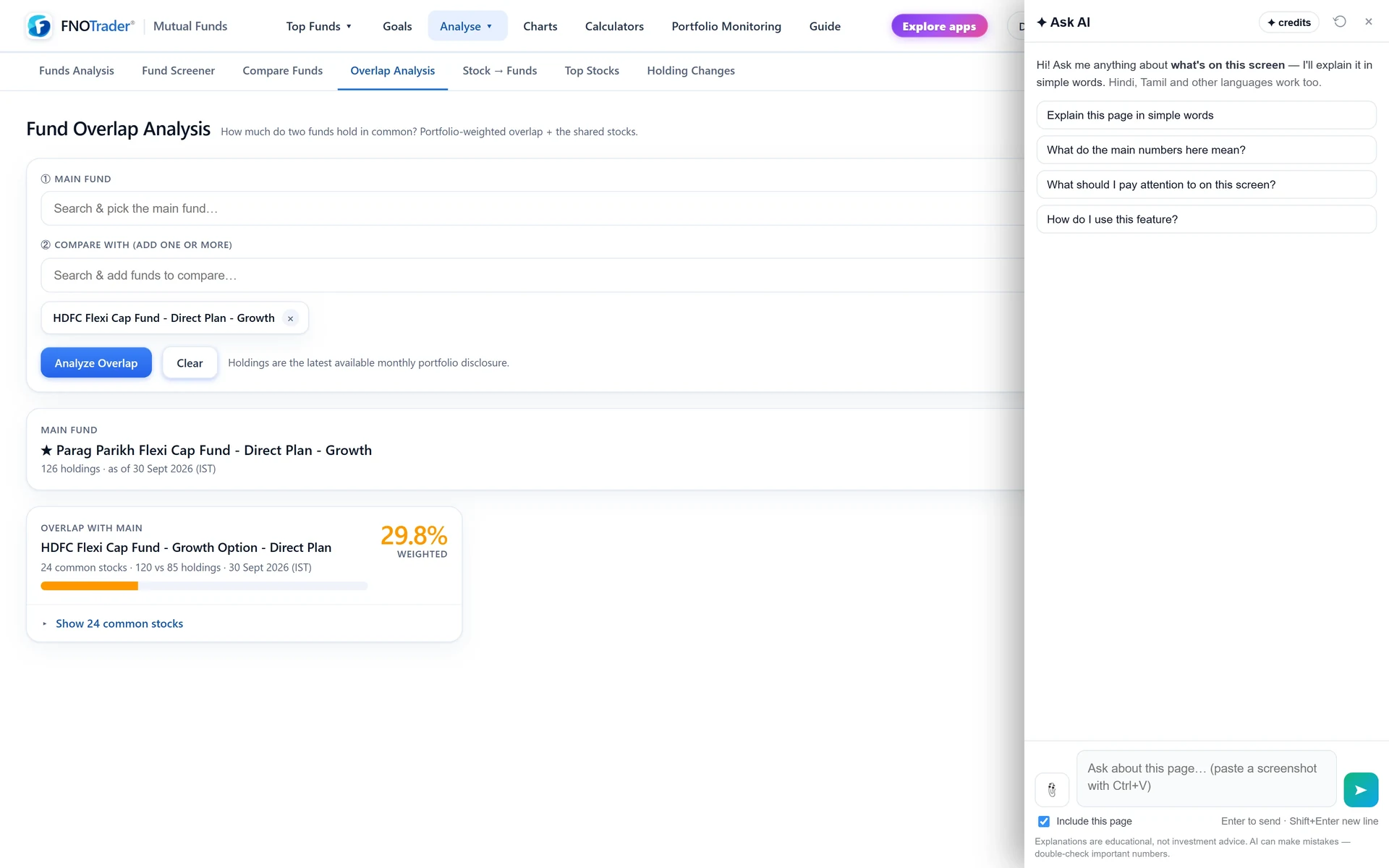 Ask AI open on Overlap Analysis in the Mutual Funds app after comparing two flexi cap funds.