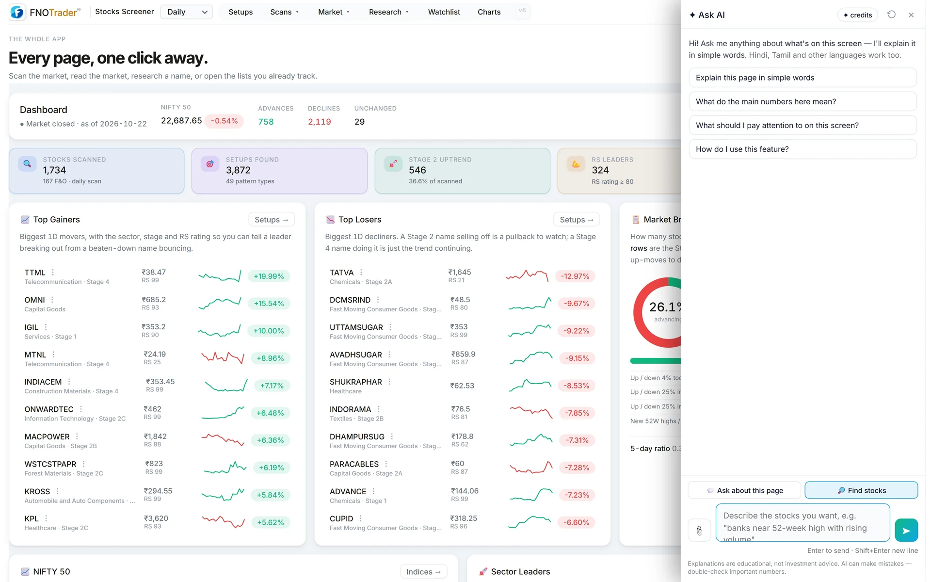 Ask AI on the Stocks App dashboard with Find stocks mode selected and the plain-English prompt box.