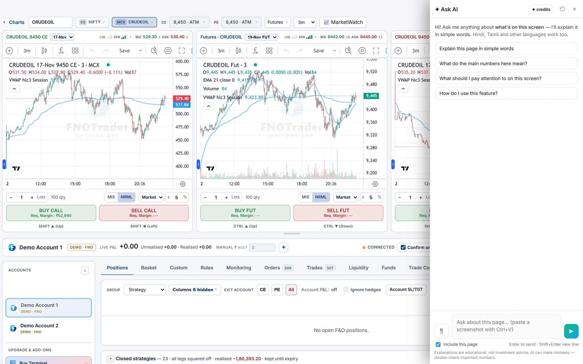 Ask AI open on the QuikTrade Terminal with a demo account selected.
