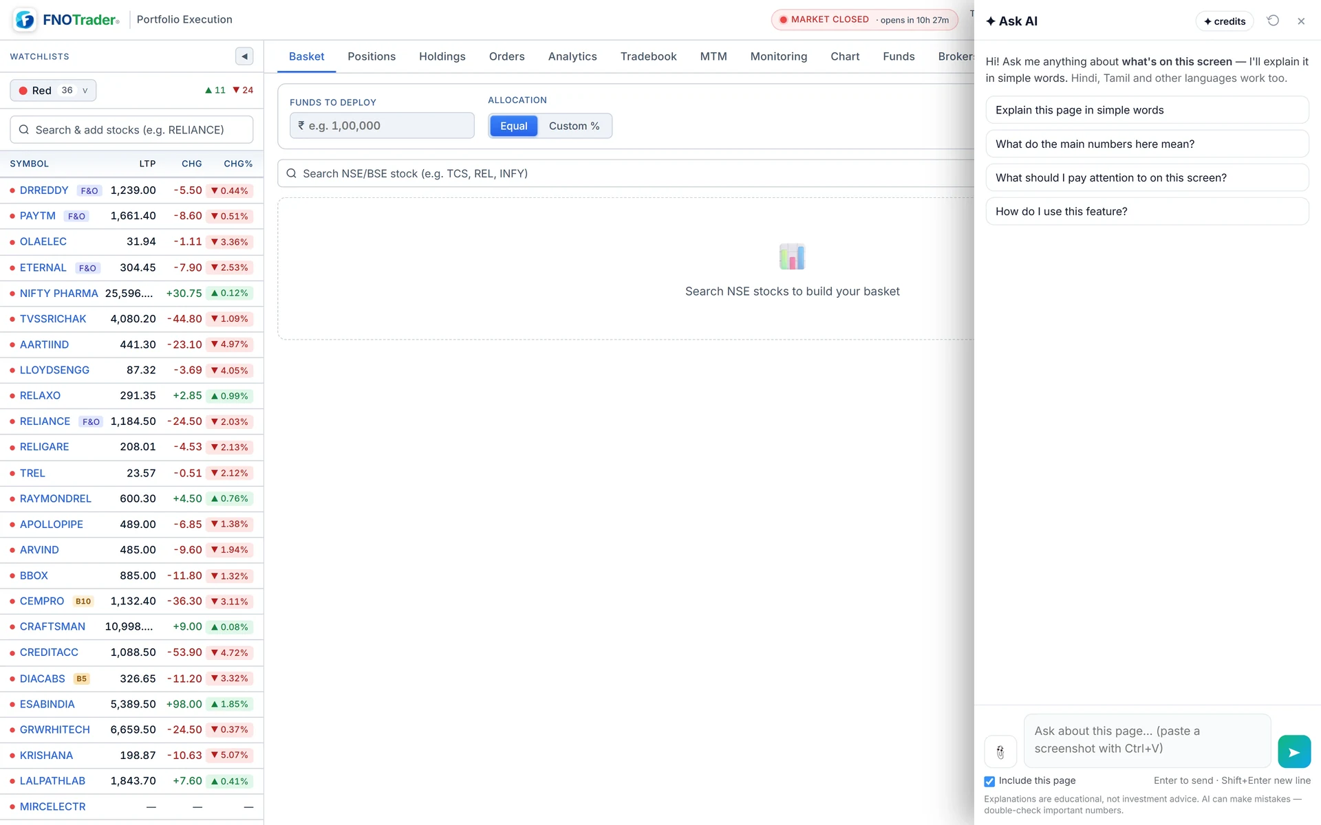 Ask AI open in Portfolio Execution on the Basket tab, with the Positions, Holdings and Orders tabs above.