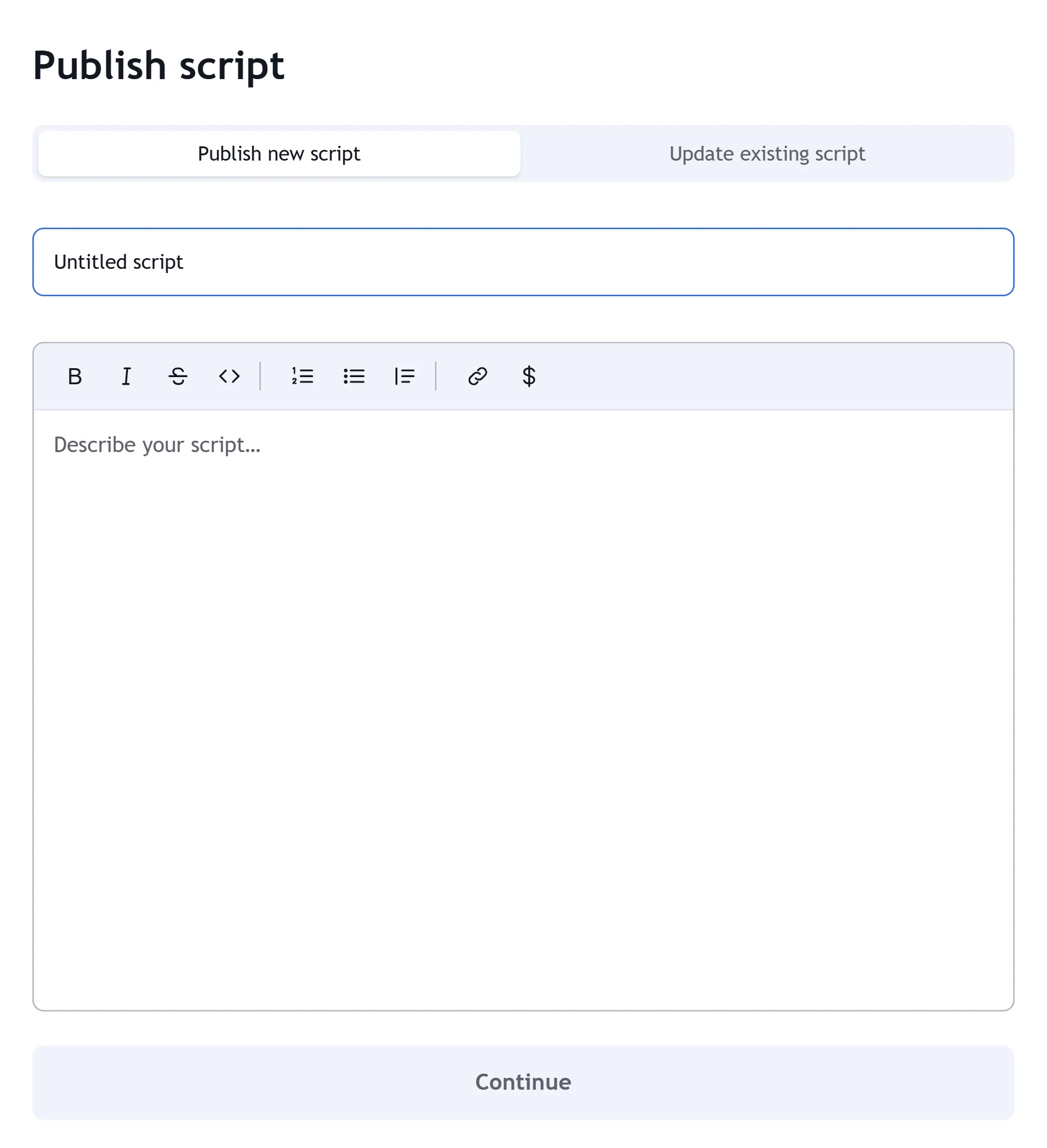 First step of Publish script from the FTscript editor: script name and description, with Publish new or Update existing.