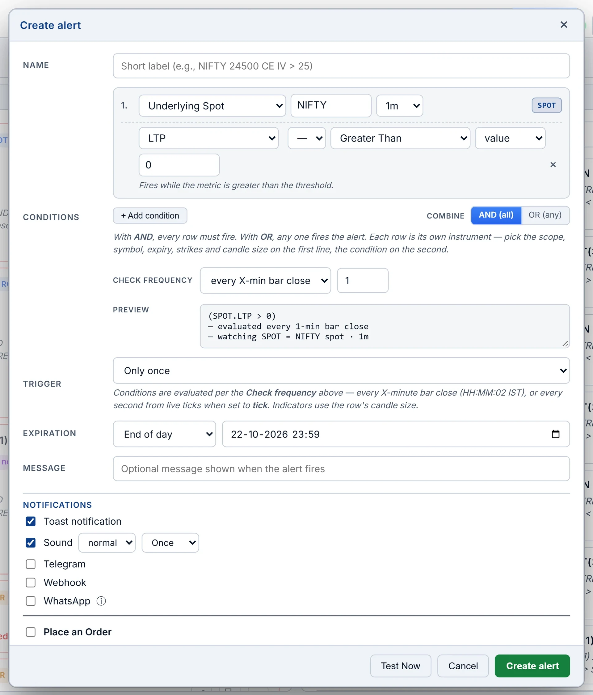 The Create alert editor: a NIFTY spot condition row, AND/OR combine, check frequency, trigger, expiry and notification channels.