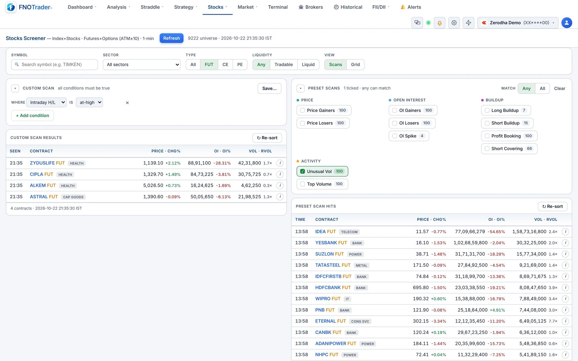 The Stocks Screener with the custom scan builder on the left and the preset scan buckets for price, open interest, buildup and activity on the right.