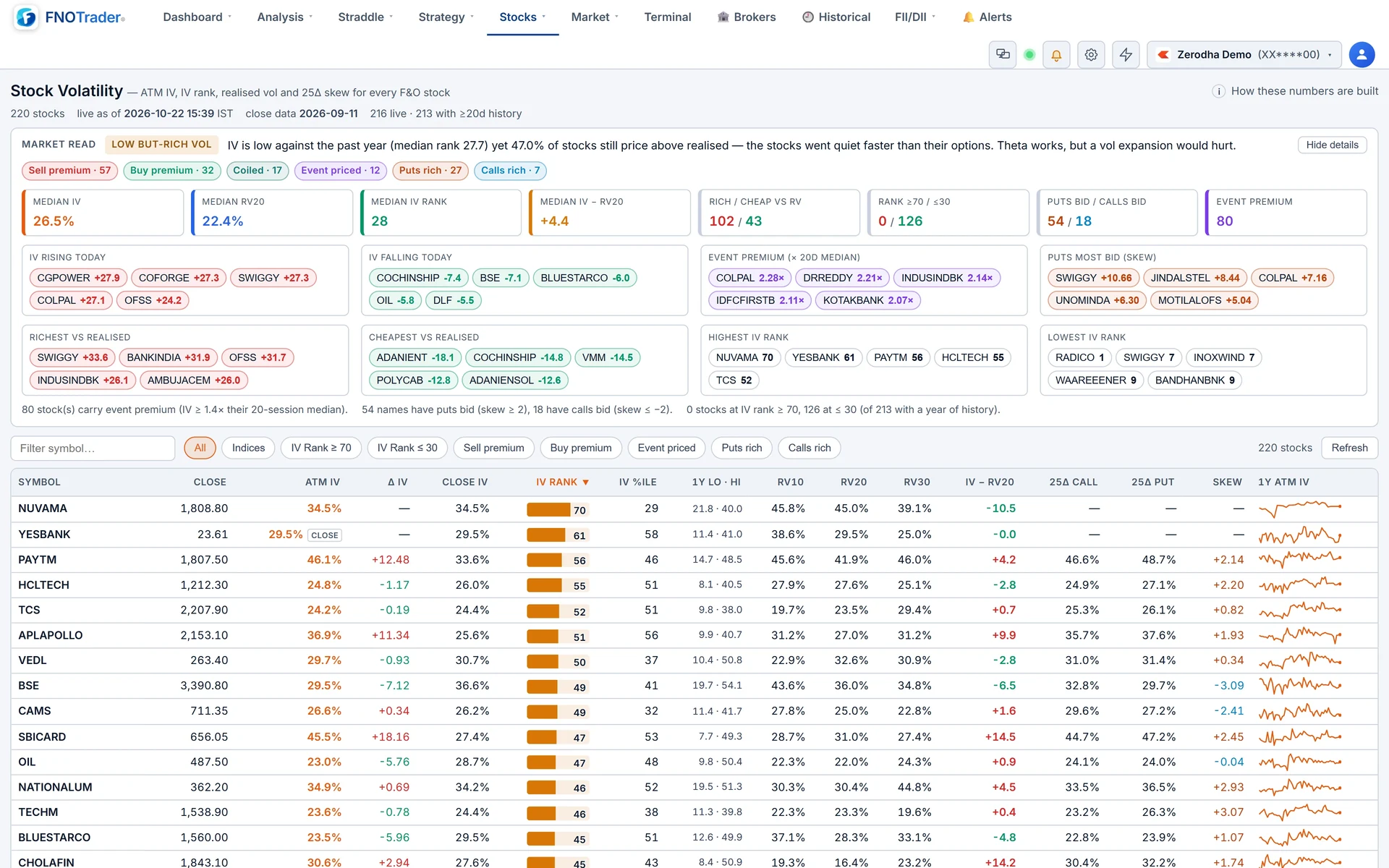 Stock Volatility: the market-read summary cards above a table of ATM IV, IV rank, IV percentile, realised vol, 25-delta skew and a 1-year IV sparkline.