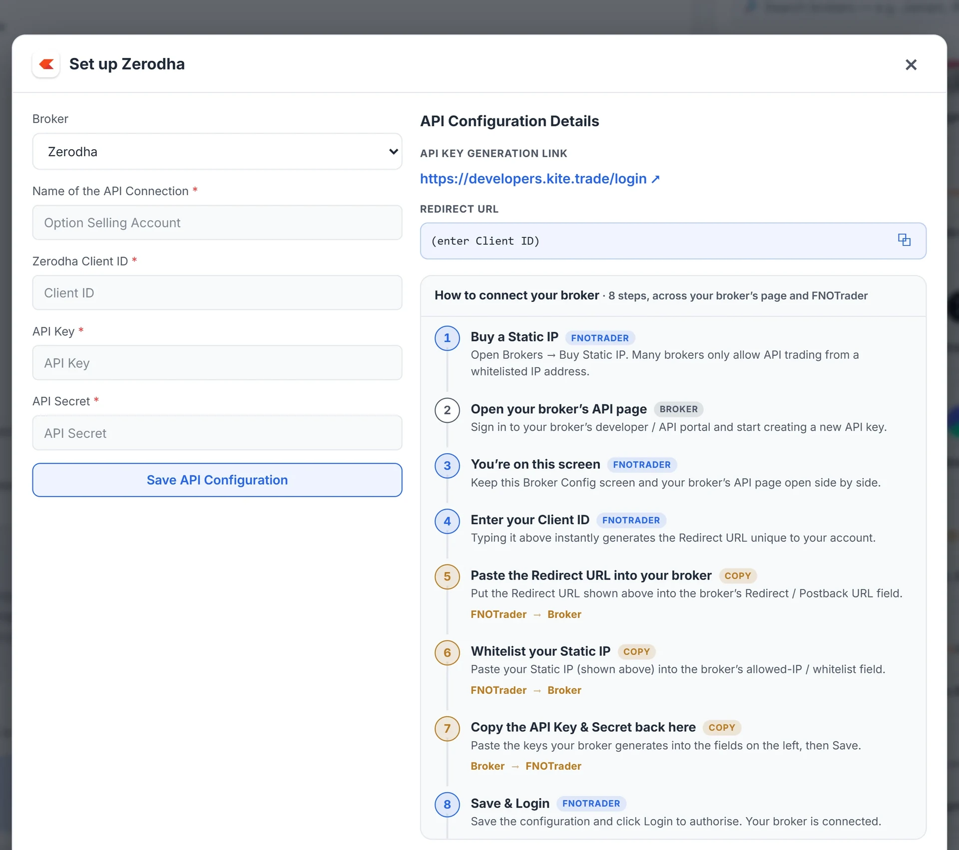 The setup dialog for Zerodha: connection fields on the left, API link, redirect URL and the eight connection steps on the right.