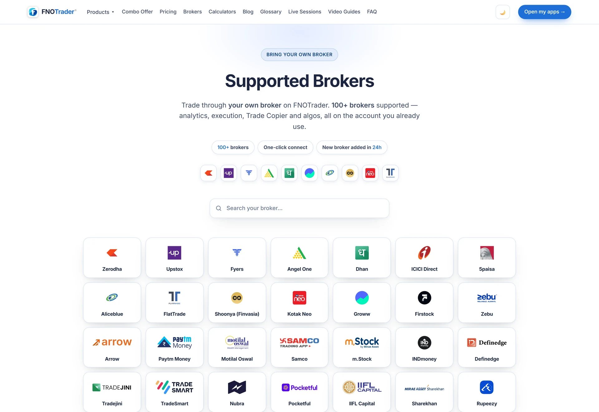 The Supported Brokers page with broker search and the catalogue of broker cards.