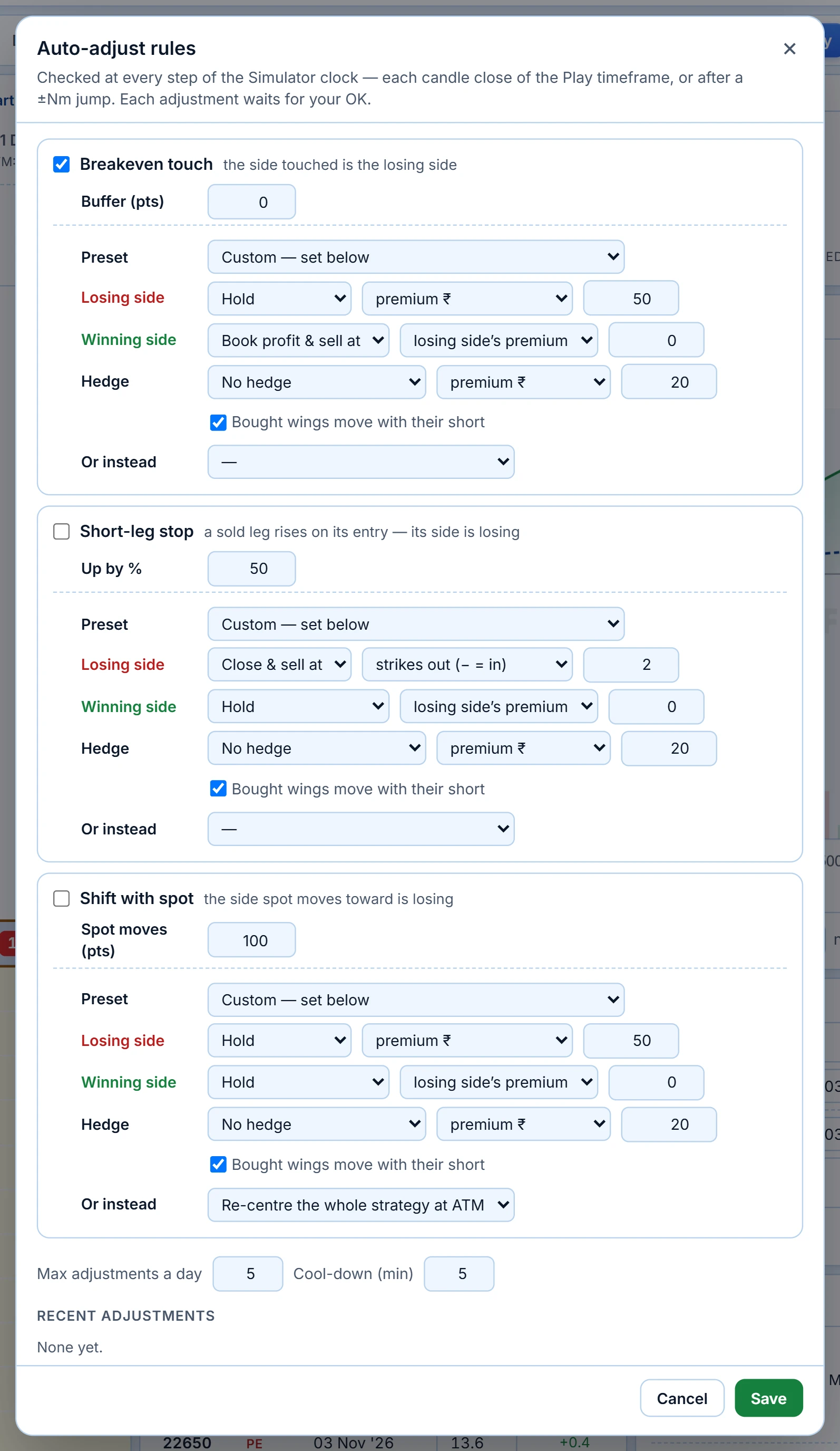 Auto-adjust rules: Breakeven touch, Short-leg stop and Shift with spot. Each rule says what to do with the losing side, the winning side and a hedge, or else re-centre or exit all. Daily cap and cool-down sit at the bottom.