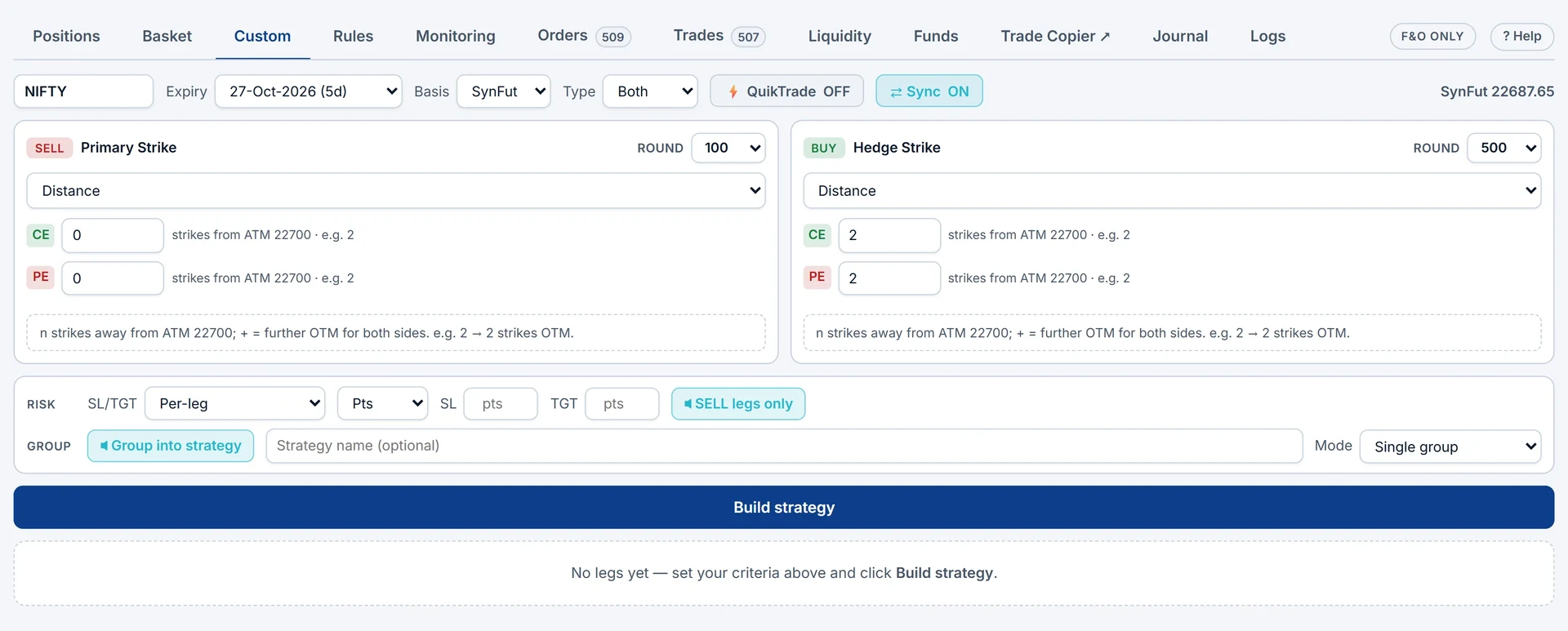 The Custom builder: expiry and basis, primary and hedge strikes by distance from ATM, risk and grouping, then Build strategy.