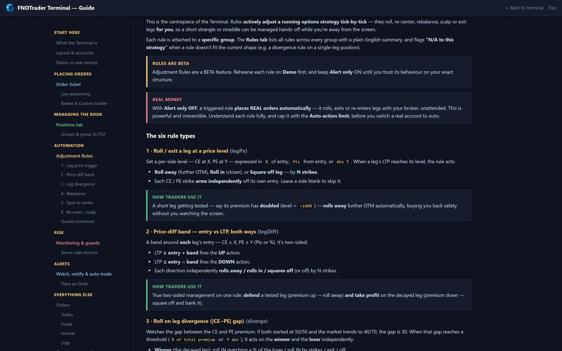 The Adjustment Rules section of the Terminal's built-in guide, with the beta and real-money notes and the first rule types.