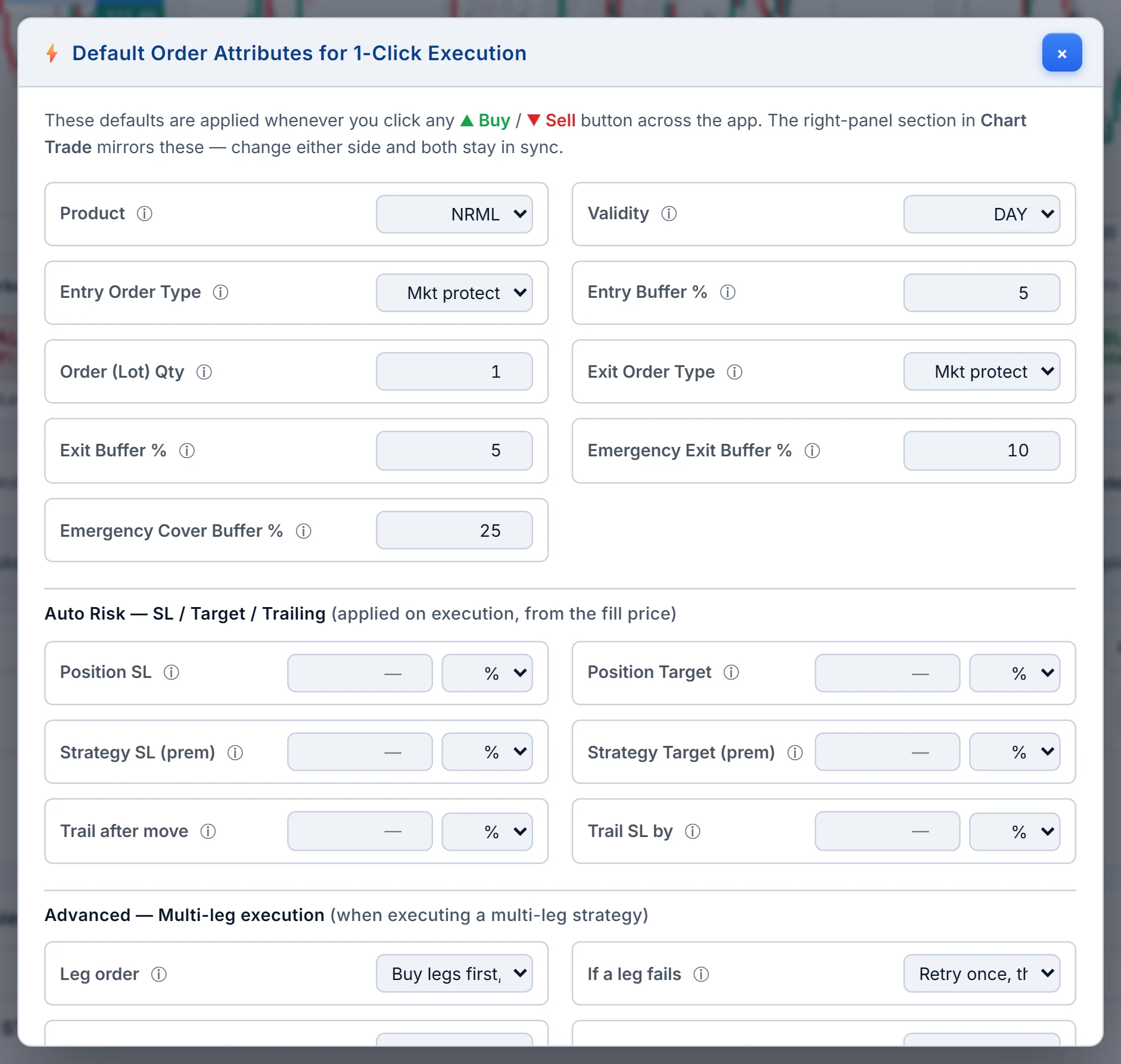 The Default Order Attributes dialog: product, validity, entry and exit order types with buffers, auto risk, and multi-leg execution order.