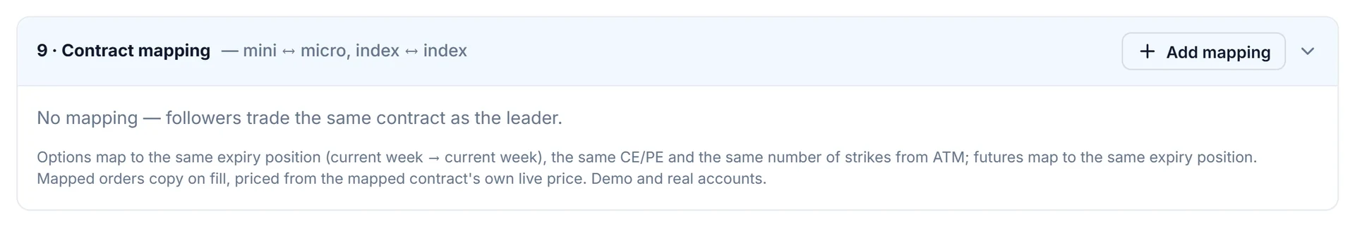 Contract mapping section, empty here: followers trade the same contract as the leader until a mapping is added.
