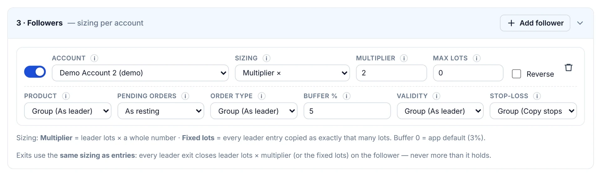 Followers section of Copy Settings: a demo follower on Multiplier sizing at 2, with Max lots, Reverse and per-follower order overrides.