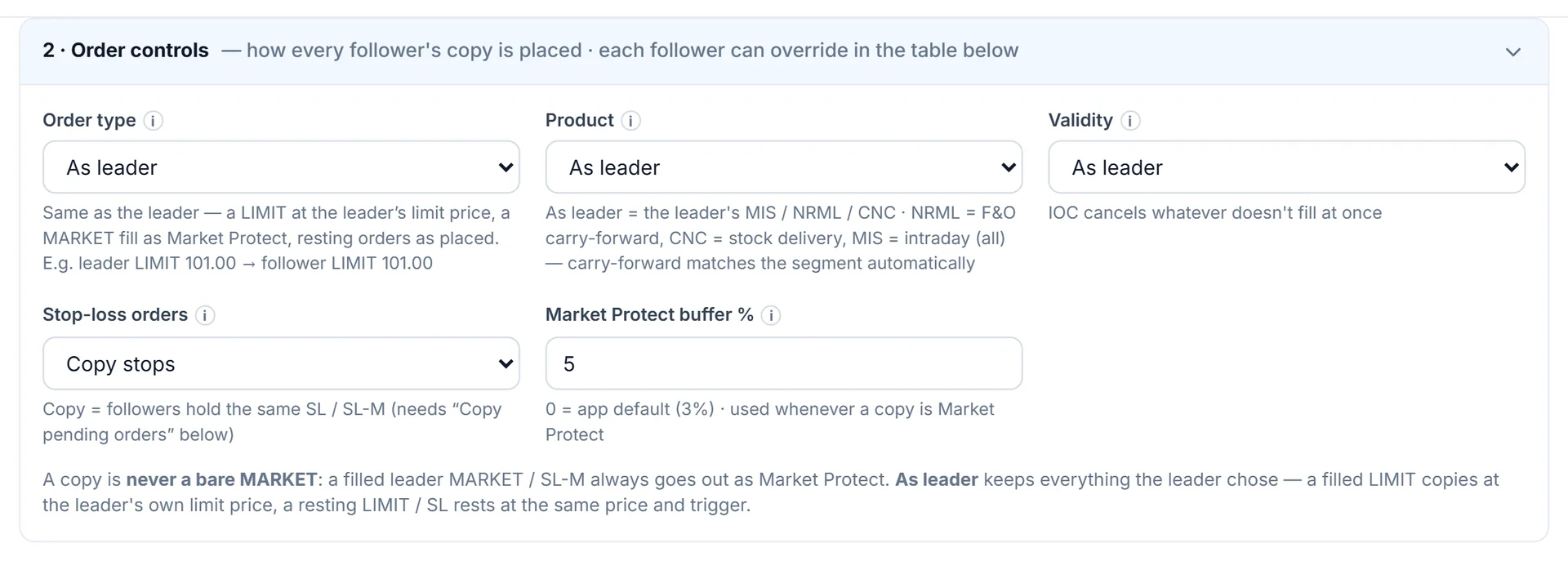 Order controls section: order type, product, validity, stop-loss handling and the Market Protect buffer for a demo group.