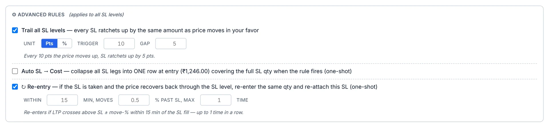 The advanced rules with Trail all SL levels and Re-entry ticked, showing the trigger and gap inputs and the re-entry window settings.
