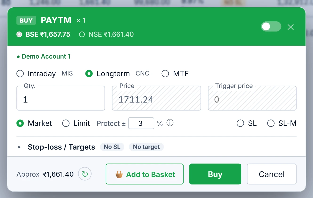 The order ticket on a demo account: BSE and NSE prices side by side, product choice, quantity, and Market sent with a 3% protection.