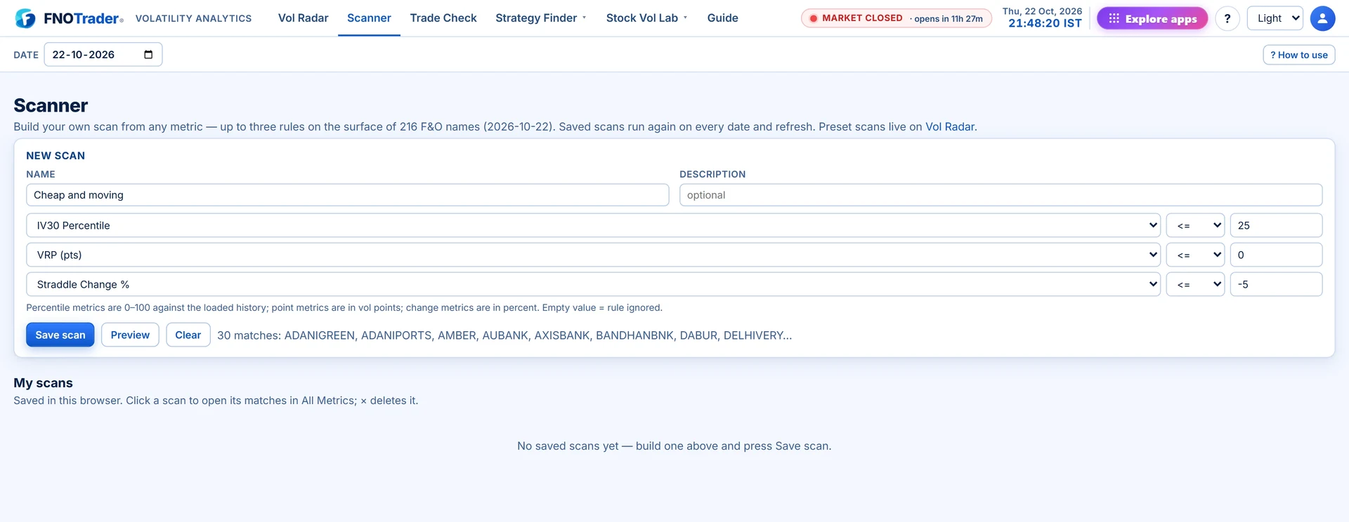 The Scanner with a three-rule scan entered and previewed, showing the matching names before saving.