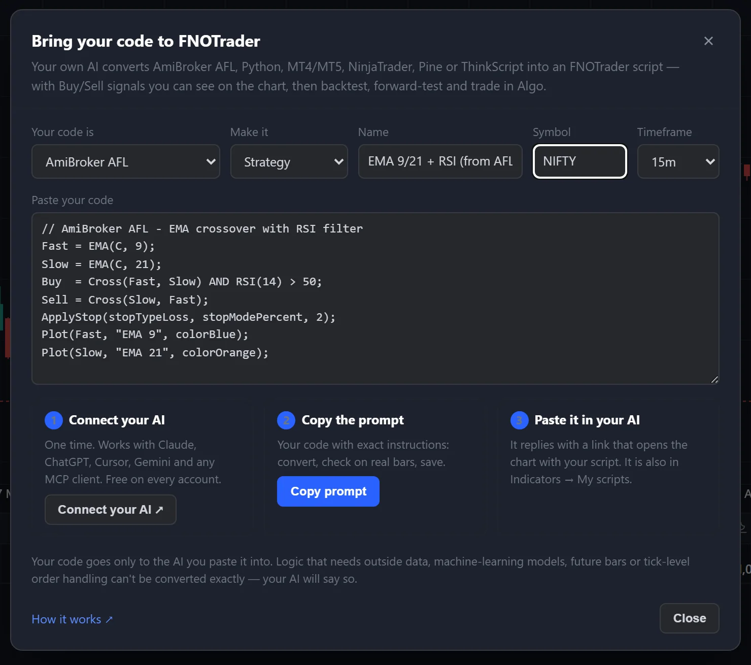 Import code dialog on charts.fnotrader.com